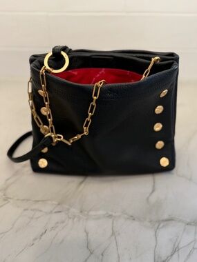 Hammitt Duke Triple Pocket Crossbody Bag Black Leather Gold Hardware & Chain